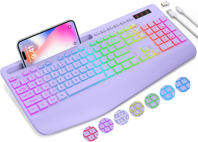 SABLUTE Wireless Keyboard with 9 Effects Backlits, Wrist Rest, Phone Holder, Rechargeable Ergonomic Computer Keyboard with Silent Keys, 2.4G Lag-Free Cordless Set for PC, Laptop, Windows, Mac (Keyboard Only) - Image 1